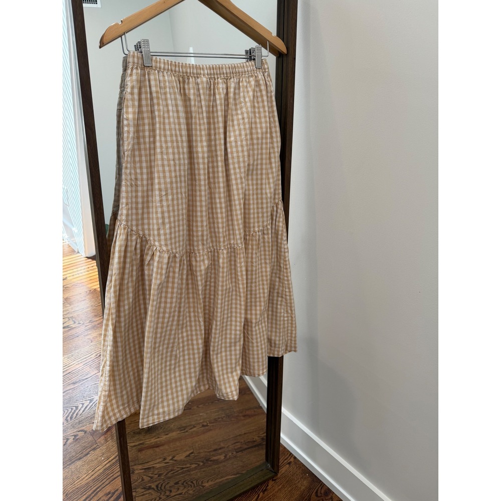 Old Navy Womens Gingham Tiered Midi Skirt Tan White Elastic Waist Pockets Size M - Picture 2 of 4